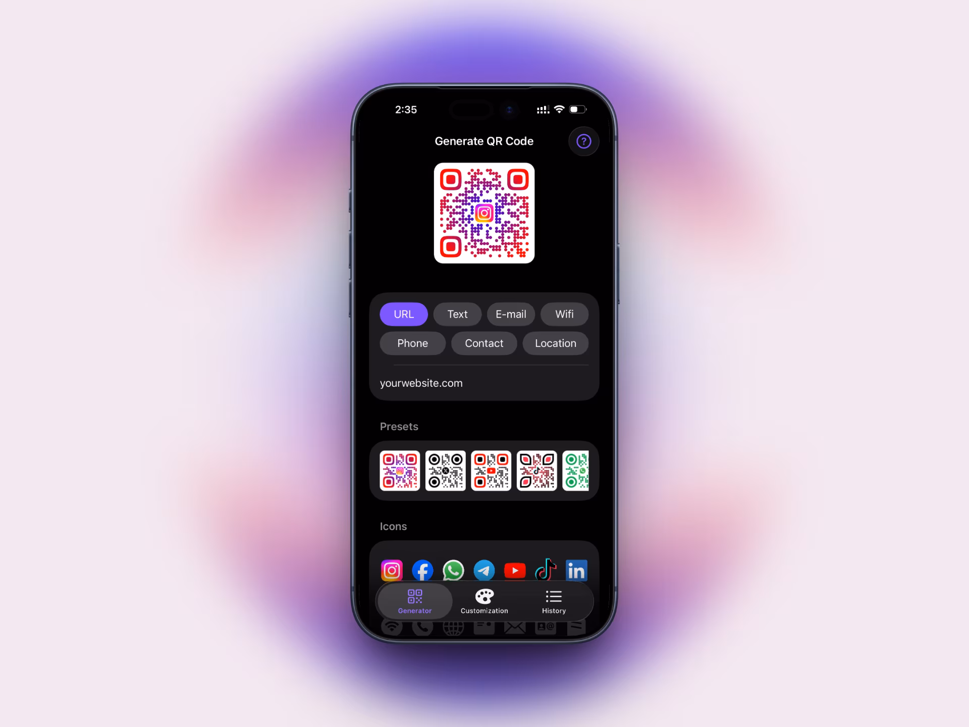 Branded QR Code Generator showing QR customization controls on an iPhone mockup.