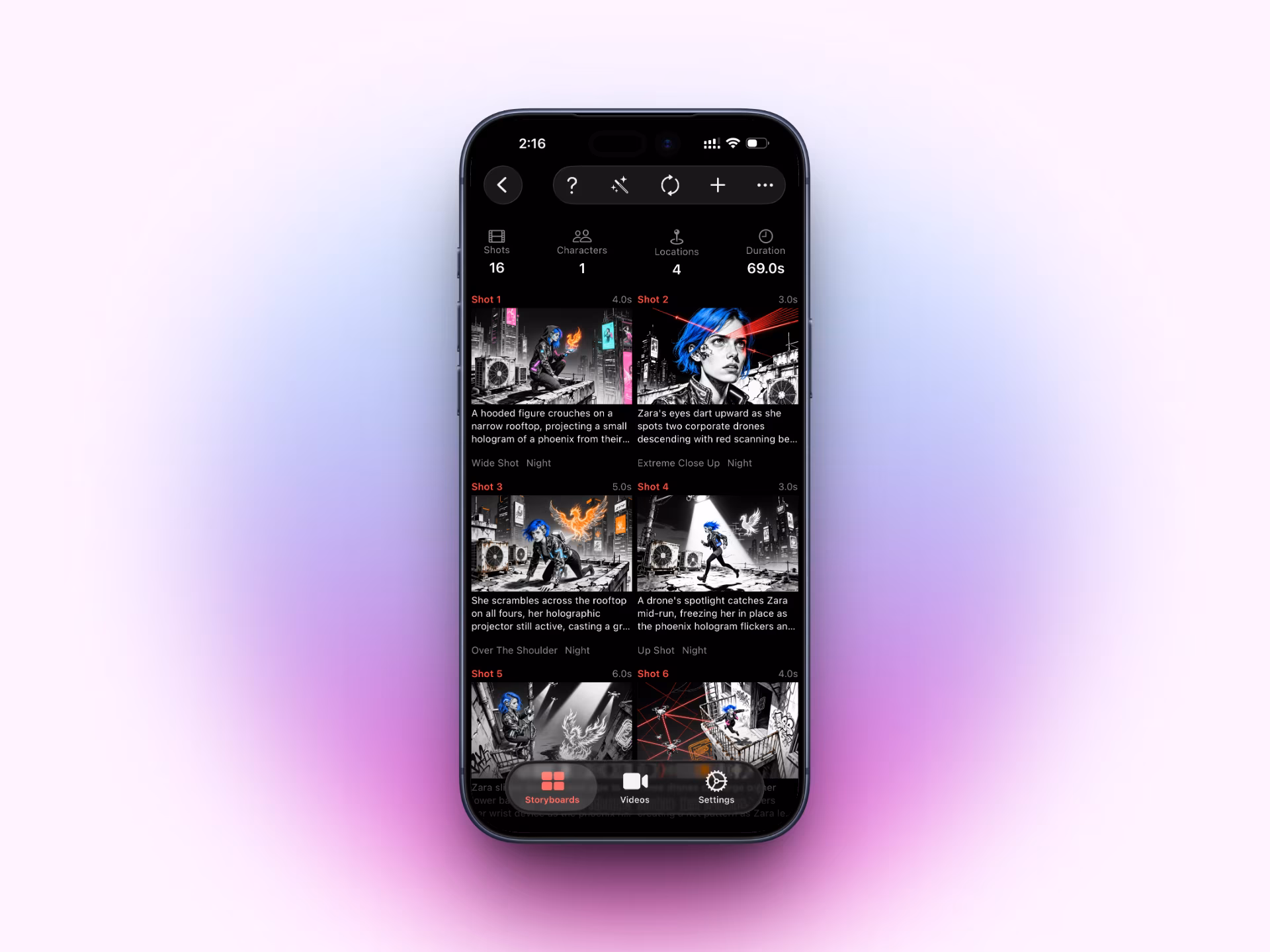 Storyboard Creator AI showing a generated storyboard on an iPhone mockup.