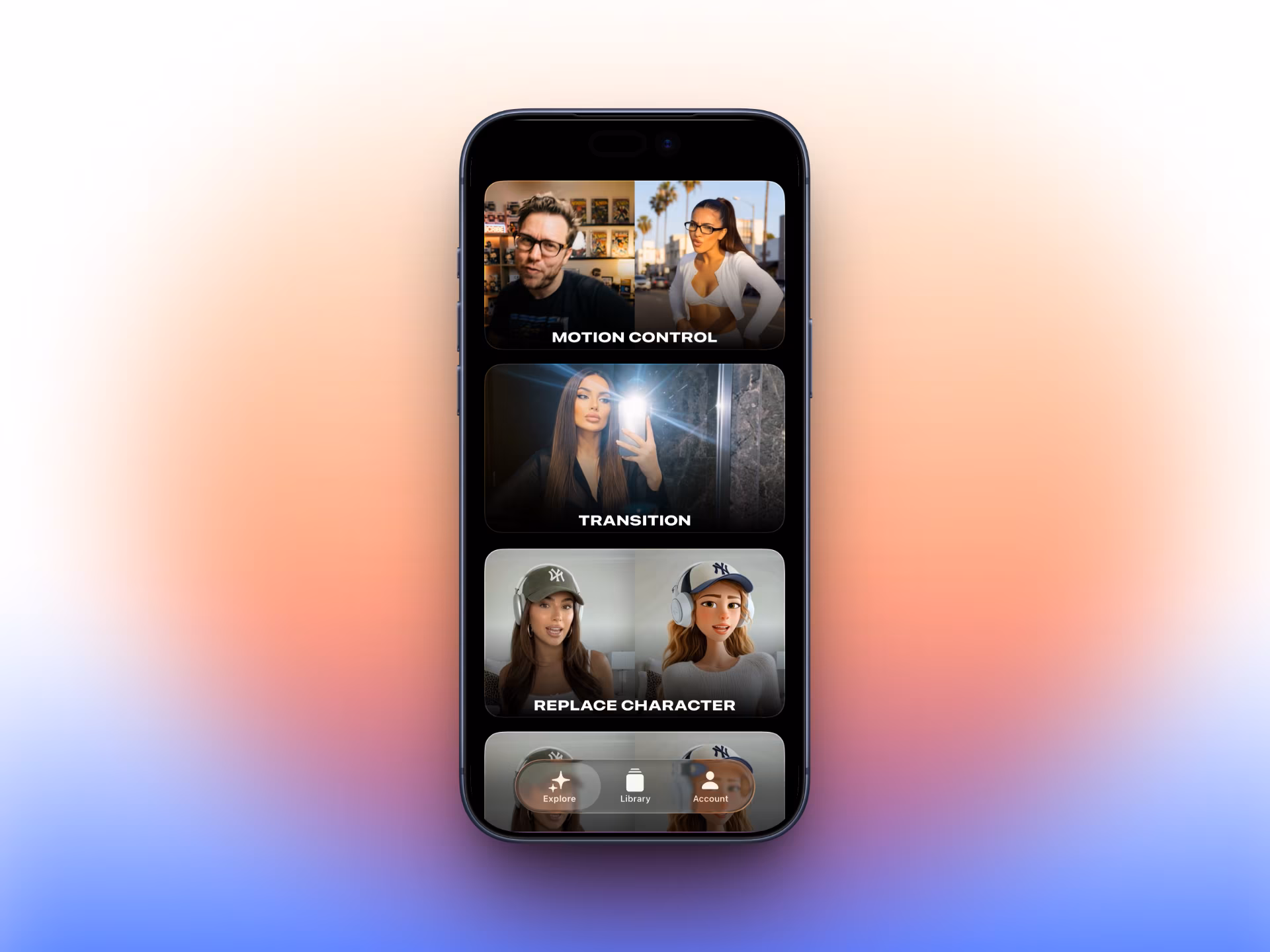 Swap Cast showing AI video tools for motion control, transitions, and character replacement.