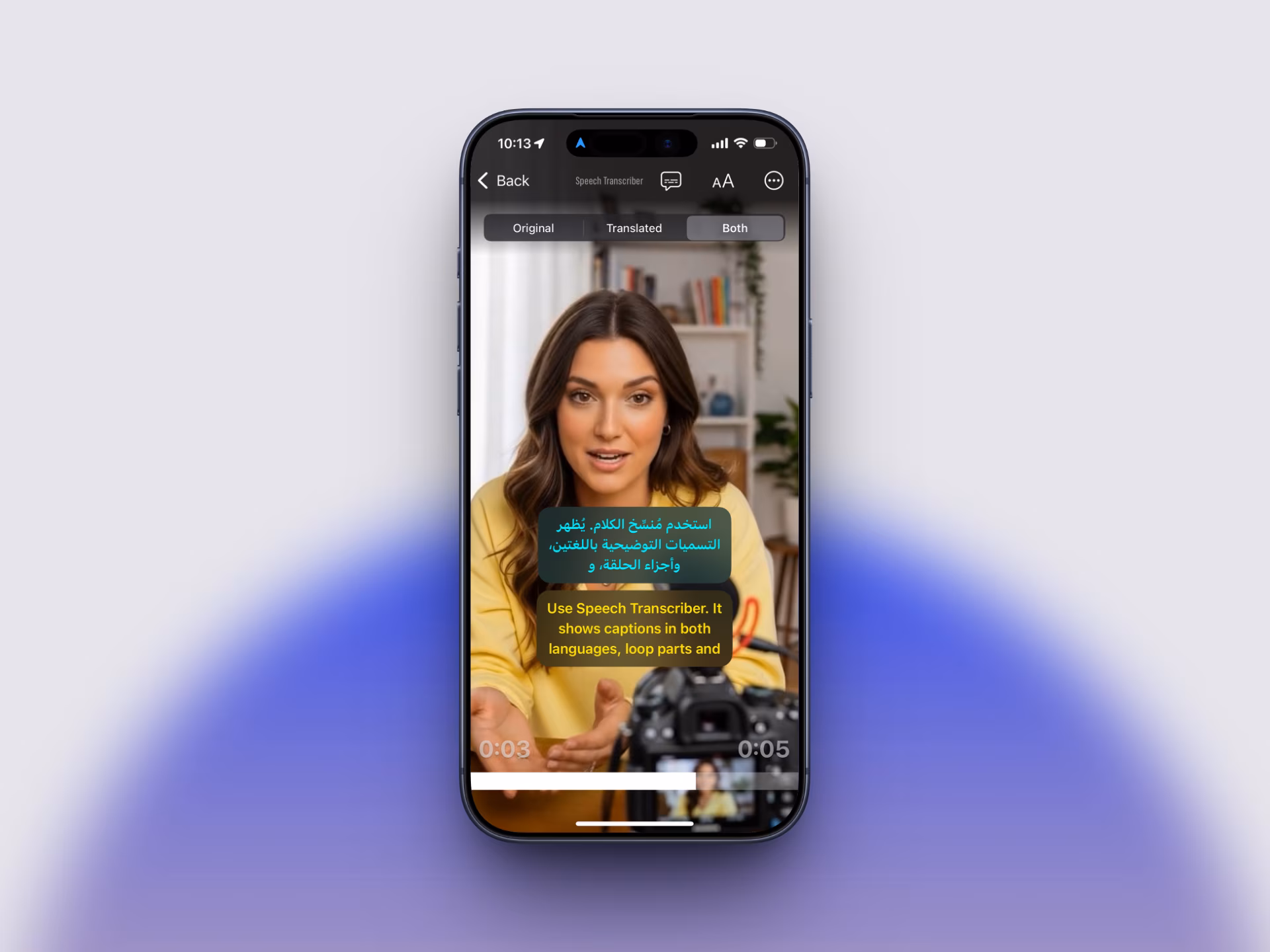 Video Transcriber and Translator showing bilingual subtitles on an iPhone mockup.